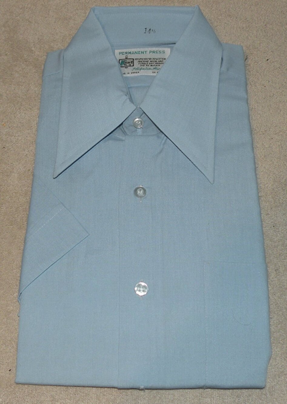 Vtg 70s K-Mart Men’s Small 14.5 SS Button Shirt Light Blue Dagger Collar NOS